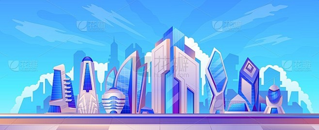 卡通未来智能城市景观与玻璃摩天大楼。现代城市景观建筑。未来都市建筑矢量场景