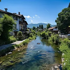 (3/4)在瑞士阿尔河流环绕一条河流环绕景色，以 die brücke 的风格结合自然和人为元素，whistlerian 风格的水反射，景观幻想，石头，瑞士风格(AI绘图来自WeDraw.art)