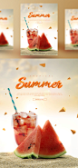 果汁饮料 水果 西瓜 海滨沙滩 夏日主题海报PSD_平面设计_海报