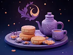 中秋满月糕点月饼茶插画立体卡通唯美手绘可爱古风插画壁纸