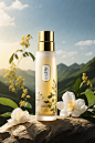 A bottle of Hanhou Skin Care products sit natural valley scenery, clean background trend, Oriental style, Golden section composition, soft lighting/soft light, commercial photography, product photography, logo 8k