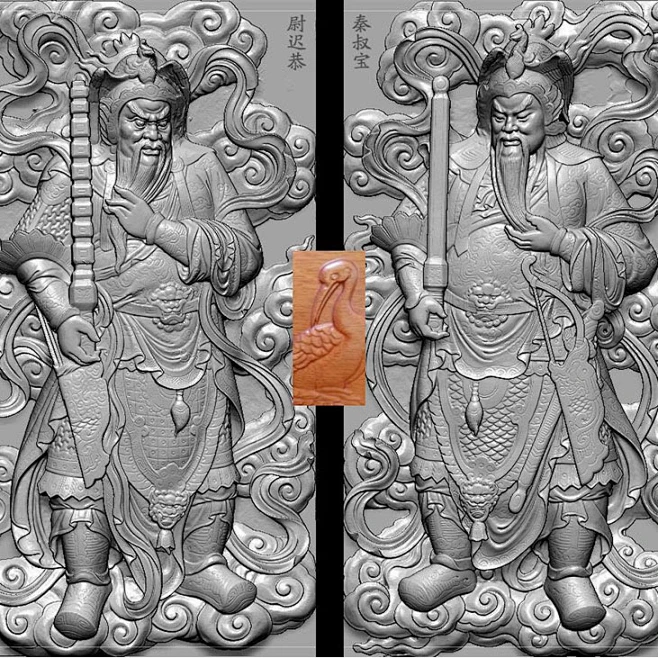门神尉迟恭秦叔宝精雕图 灰度图 博古古建寺庙雕刻扫描图-花瓣网