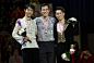 Winner of the Men's Competition Patrick Chan of Canada second place Yuzuru Hanyu of Japan and third place Daisuke Murakami of Japan pose for a photo...