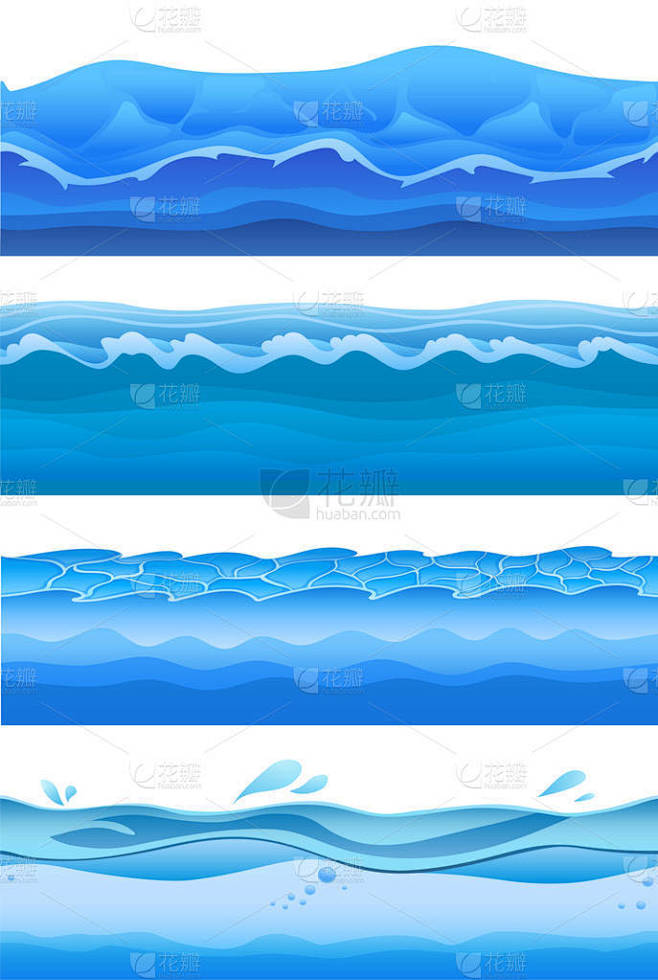 蓝色的大海水波，设置为游戏设计的无缝背景。矢量图，白上孤立.