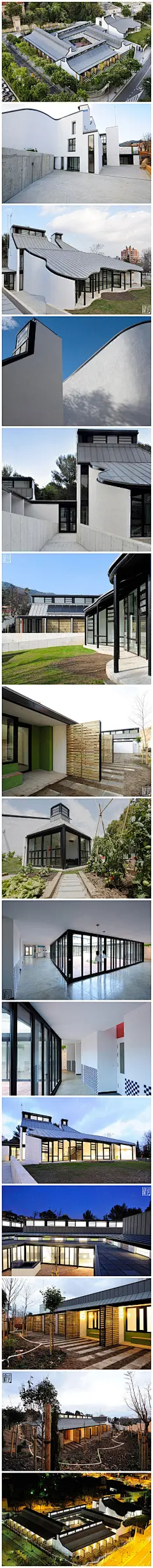 [西班牙的四合院] casa dels xuklis是由西班牙的MBMarquitectes所设计，坐落在巴塞罗那。拥有25间房间、图书馆、用餐区、厨房和会议室等。此建筑是提供给一些患有癌症的儿童或家庭治疗居住。设计本身也遵循环境可持续发展为原则，以和建筑周围环境融合为核心。建筑由两部分组成，25个私人住宅和公共设施，包括图书馆，用餐区，社区厨房，花园，会议室。每个都面临着不同的的方式，建筑师努力创造一个院子，里面允许进入公共走廊的阳光