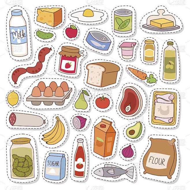 日常食物图标拼接矢量。
