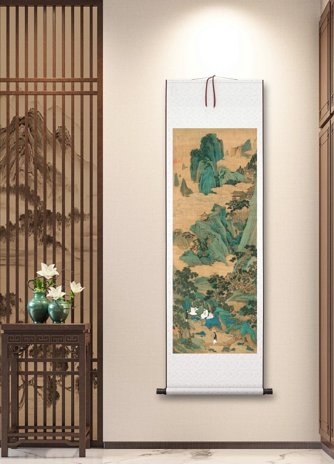 仇英桃源仙境图国画心工笔山水人物画高清挂画装饰画真迹绢布微喷-花瓣网