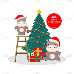 可爱的,河马,卡通,幸福,新年卡,圣诞帽,请柬,贺卡,泰国