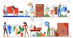 人们在跳蚤市场出售矢量插图，卡通扁平的男女购物者人物在城市街头集市购买旧的二手衣服和配件