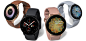 Four Galaxy Watch active2 models side by side in a range of colors and materials: gold watch case with brown leather strap, black watch case with aqua black sports band, gold watch case with pink leather strap, and Cloud silver watch case with cloud silve