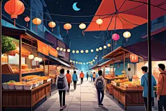 扁平化人物逛街集市场景插画