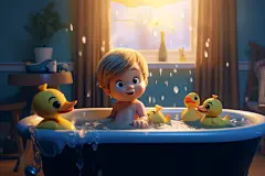 可爱的儿童浴缸游泳洗澡人物插画