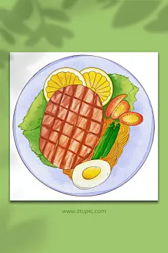 手绘卡通牛排柠檬西餐美食元素插画
