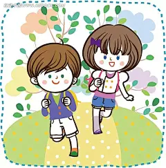 儿童卡通插画——背着书包开心奔跑的小女孩和小男孩插画|绘画|卡通人物|卡通人物图片|卡通形象|可爱小女孩|漫画人物|人物素材|人物图片|矢量人物|手绘|书包|小男孩|叶子