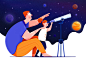 Telescope earth kid child daughter dad star space universe planet telescope family father girl man people website web ui character illustration