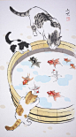『金魚猫』　金魚は上から眺めるもの？らしいです。 #drawing #art #cat #goldfish #japan #金魚 #猫