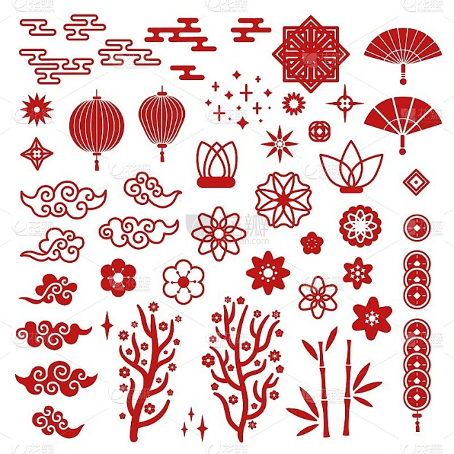 Chinese new year elements. Red asian traditional p素材-花瓣网