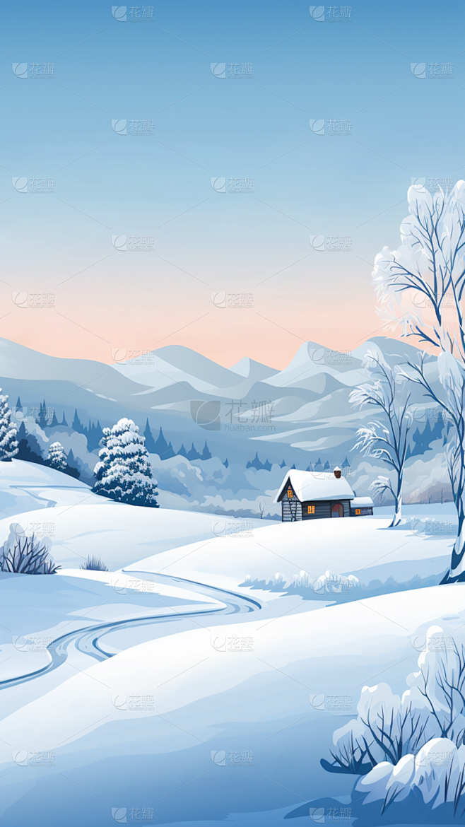 冬季冬天卡通感插画雪景场景背景图片素材