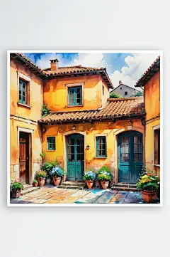 手绘油画老房子四合院插画-众图网