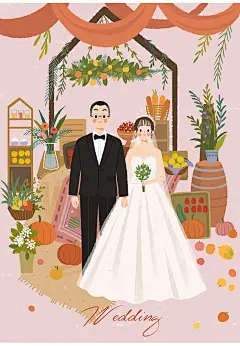 婚礼清新请帖情侣卡片插画设计手绘q版礼物头像原创清新卡通定制-淘宝网