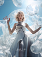 an elegant caucasian girl inside the frozen glass bubbles ,louis vuitton women's clothing, colorful,summer dress,Nakajima Sena,white skin,dark gray hair,diamond jewelry, Eye-Level Shot, Fujifilm,very bright scene, Super-wide angle,Cowboy Shot,Close-up sho