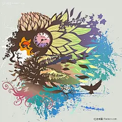 艺术人物头像插画花边|流行元素|鸟|人物头像|时尚|时钟|矢量素材|涂鸦|五彩缤纷|艺术