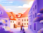 Life in a town - Morning air ( PS ) landscapes morning sunshine motorcycle motorbike greeting greetings italy landscape town purple red orange illustration 张小哈