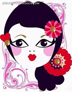 卡通人物插画-头戴花朵花纹女人像插画|花纹|绘画|卡通|卡通人物|卡通人物图片|漫画|漫画人物|女人|人物素材|人物图片|矢量人物|头戴花朵