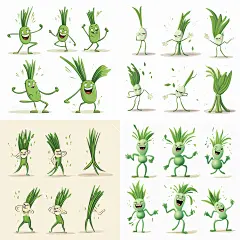 一棵葱（4张图），表情：叉腰、甩头、被拔起来、被切成葱末，白色背景，动漫风格