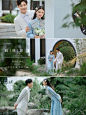 惊艳朋友圈的园林婚纱照武汉婚纱照 : 风格：高级 浪漫 温婉 中式 工作室:@青禾蒙娜丽莎电影风婚纱照摄影 - 你一句春不晚，我便到了真江南 水蓝色的中式秀禾十奶白色新中式西服， 打破传统红色中式婚纱照的千篇一律 一组