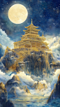 中秋节月亮鎏金山水背景图片