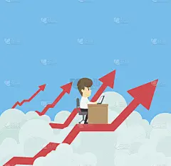 商人工作上云，增长箭头更多收入，商业卡通概念人物。矢量图