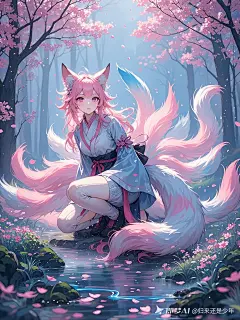 修炼了千年，梦幻的九尾狐，九条尾巴在空中晃动，粉色仙气，浓雾，高冷的表情，毛发清晰分明，高清画面。
