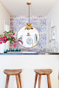 Home Tour: An Event Designer's Perfectly Ladylike Apartment via @domainehome. "Boquet" pattern Marbled wallpaper.: 