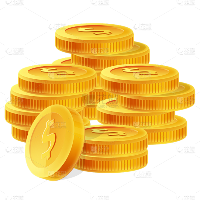 扁平手绘散落堆叠一起的卡通金币