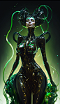 hyper feminine woman in dripping black glossy sticky fluid melted malachite latex, head unravelling upwards, firefly glow armour, uplifting grace, volumetric, full body portrait, in an alien polypore corticioid Elmerina holophaea environment