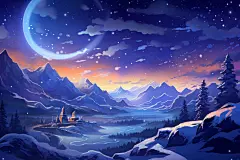 唯美星空中的梦幻雪景插画