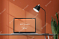 Laptop screen mockup psd on a desk retro home office zone Free Psd