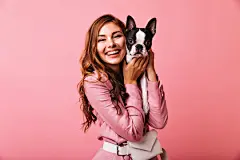 点击来源直接获取大图文件 |Laughing gorgeous woman holding her puppy. Studio photo of ginger cute girl posing on pink background with french bulldog.