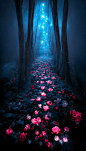 < Luminous roseA high-definition CG rendering of a dark rose forest. a rose path, long floating blue roses on the ground, fireflies, luminous ovules and lava crystal light effects, snowstorm style art trend, magical light fog, low light at night