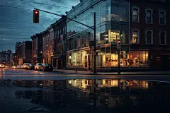 灯火通明的城镇街道灯光