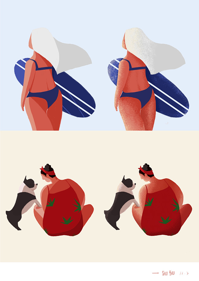扁平与噪点插画对比手稿