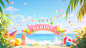 a banner, Summer, ocean, blue sky, red, yellow, green,( blue:1), soft lighting, bright colors, 3D icon clay rendering, mixer, 3D, pink background, edge light, high-quality, Cinema4D, OC rendering super details, best quality, ultra high definition