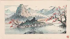 (杰作, 最好的质量: 1.2), 中国传统水墨画, 綠色的山, 河流, 简单的构图
