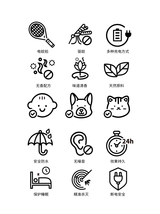 电蚊拍灭蚊灯电蚊香苍蝇拍产品功能功效图标