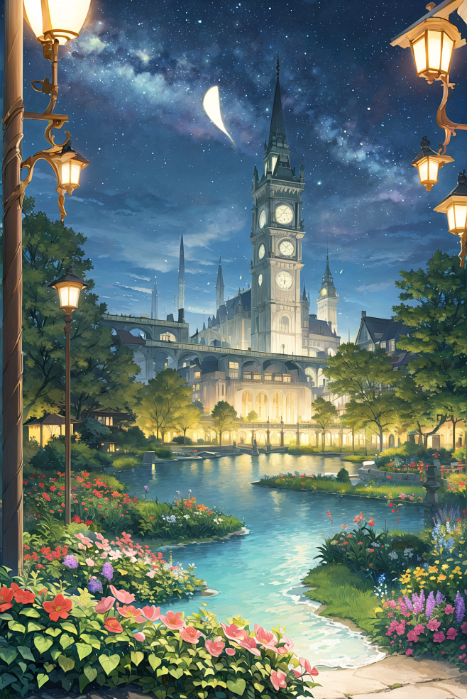夏日夜晚唯美治愈插画