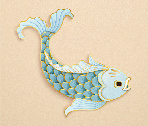 剪纸艺术风格的浅蓝色金鱼和金元宝中国风元...