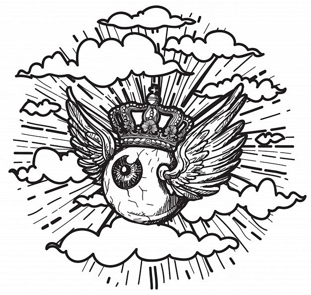 戴皇冠长翅膀的眼睛纹身插画矢量图素材