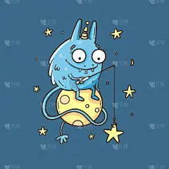 卡片上有可爱的卡通怪物和明星。有趣的动物图案。对儿童插图。难以置信的涂鸦空间生物海报。