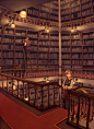 很有宫崎骏风格的一副图，宁静的图书馆~阵阵书香~~